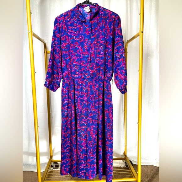 Vintage 80s Petites by Willi Blue and Red Abstract Patterned Maxi Dress - Picture 1 of 8